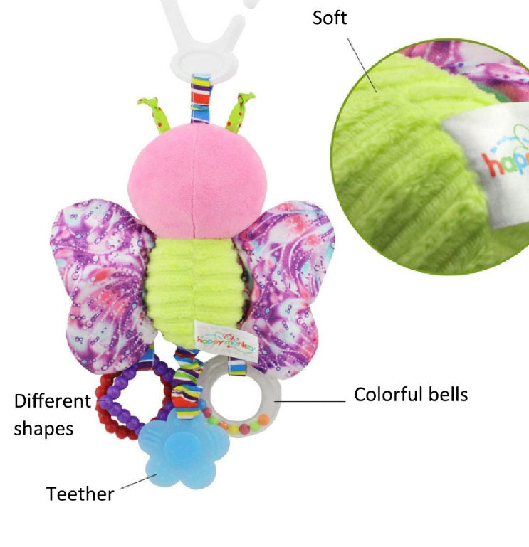 butterfly shaped baby toy with features pointed out on a white backround