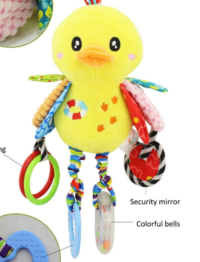 duck shaped baby toy with features pointed out on a white background
