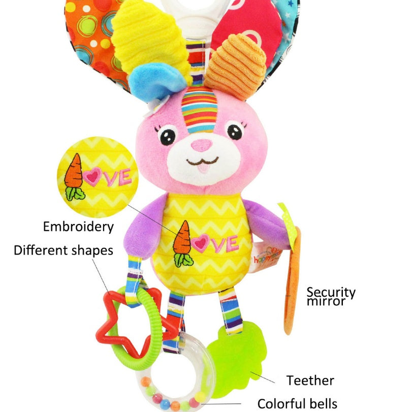 bunny shaped baby toy with featurs pointed out on a white backround