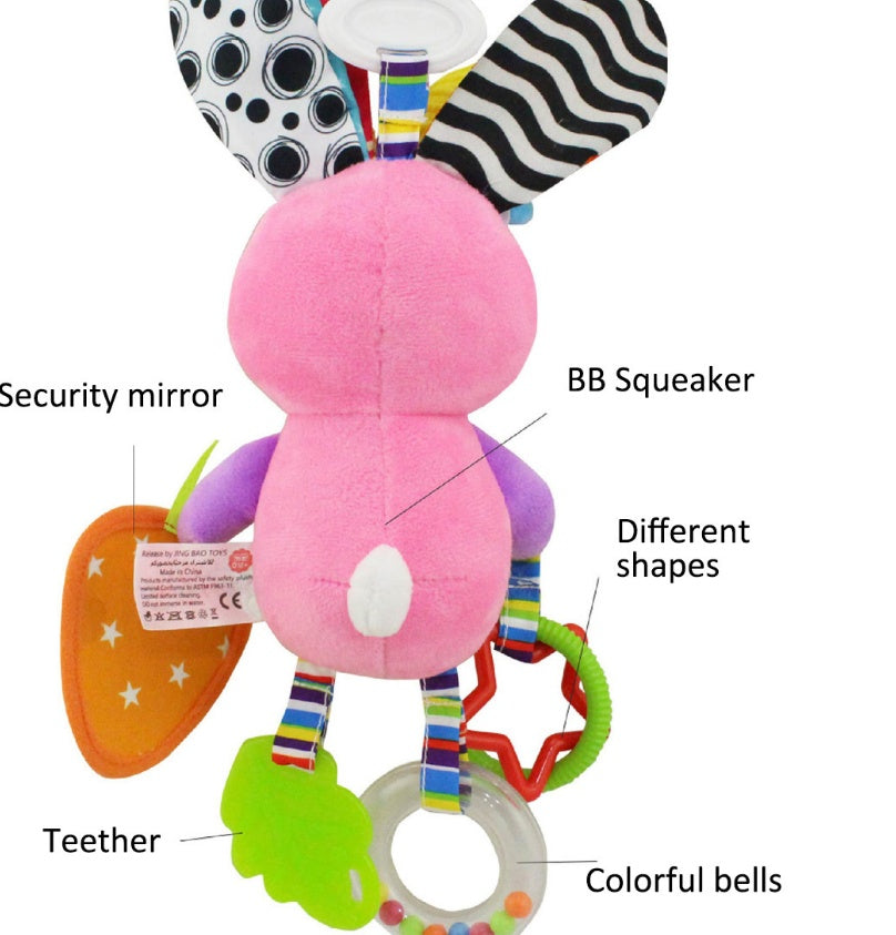 bunny shaped baby toy with features pointed out on a white backround