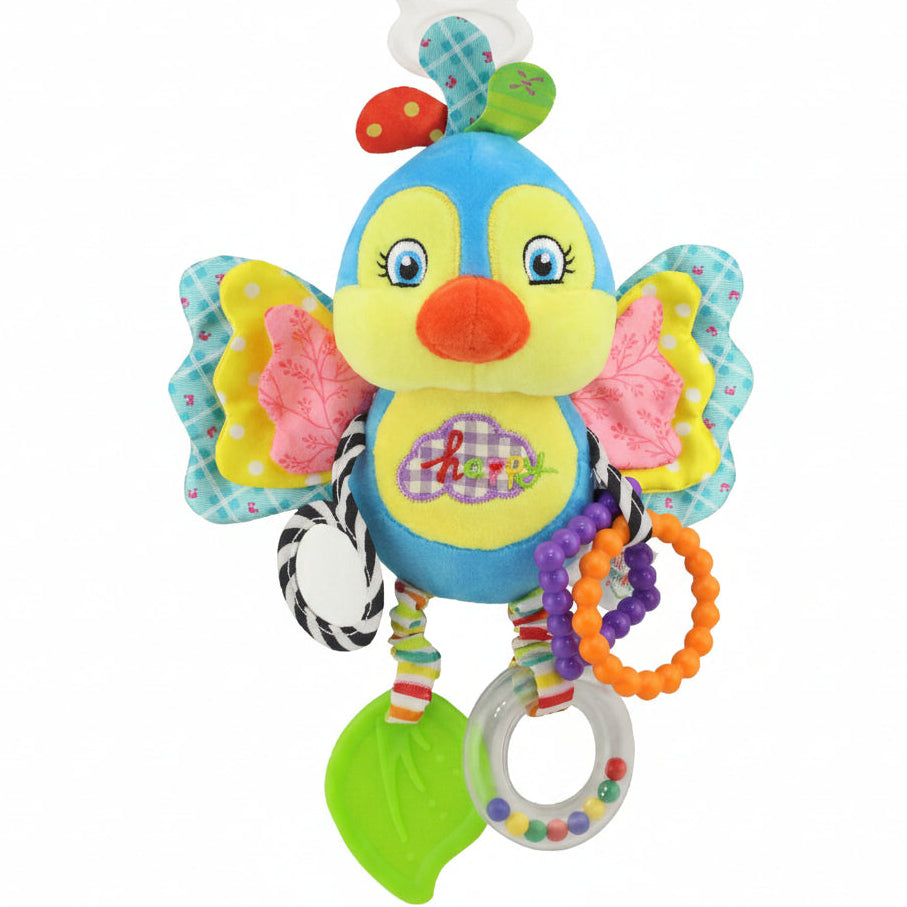 Colorful butterfly-shaped baby toy with rattle and teether on a white background