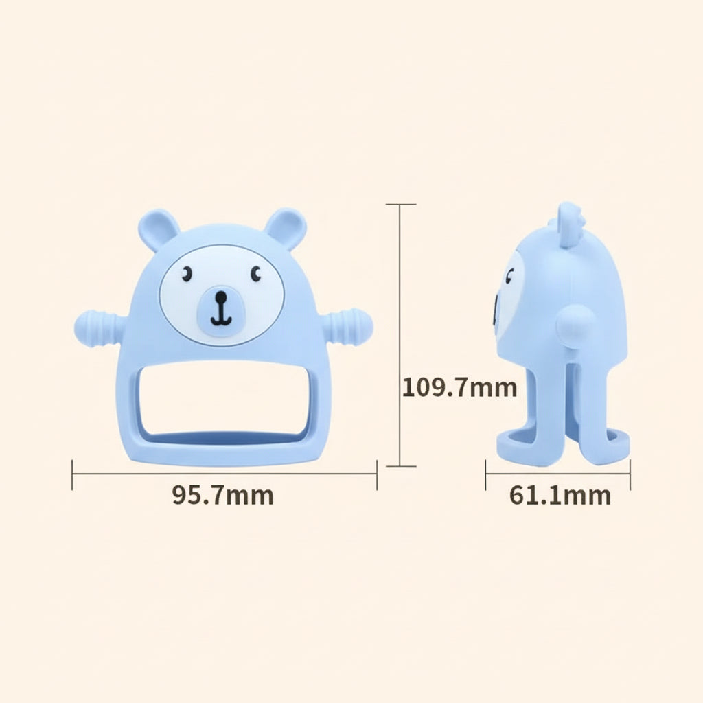 Product details of bear-shaped teething gloves with dimensions and specifications.