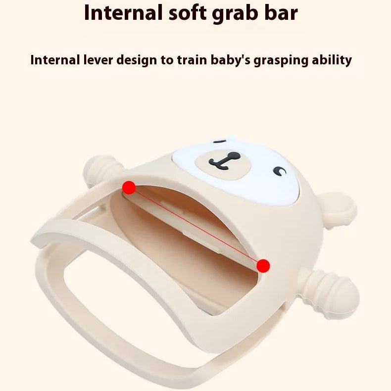 Baby teething ring with soft grab bar design on a beige background