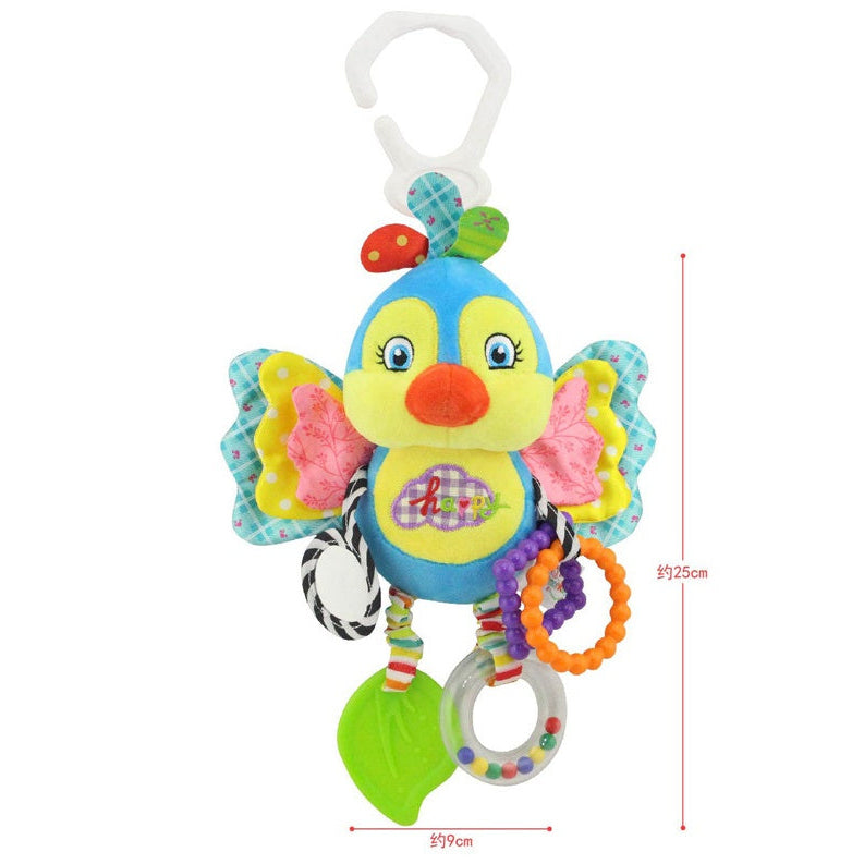 Colorful butterfly-shaped baby toy with rattle and teether on a white background