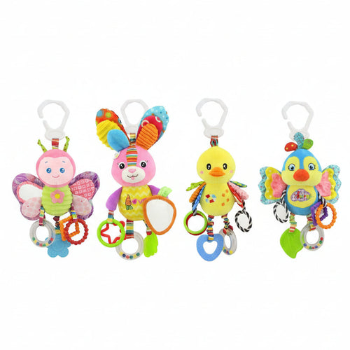 baby animal shaped rattle toy set on a white backround