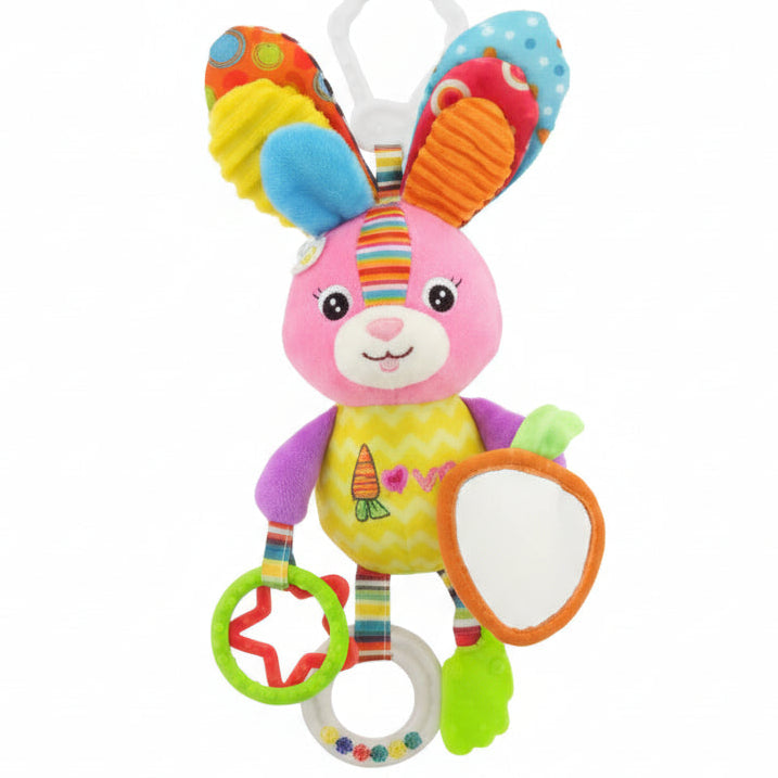 bunny shaped baby toy with a rattle and tether on a white background