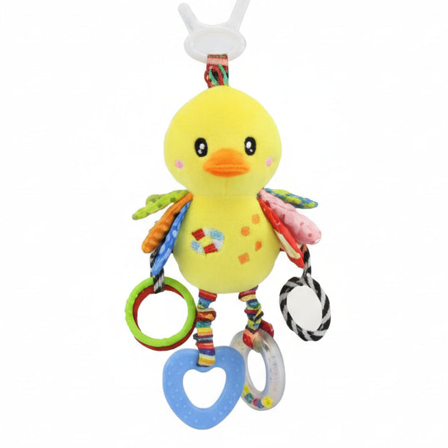 duck-shaped baby toy with rattle and tether on a white background