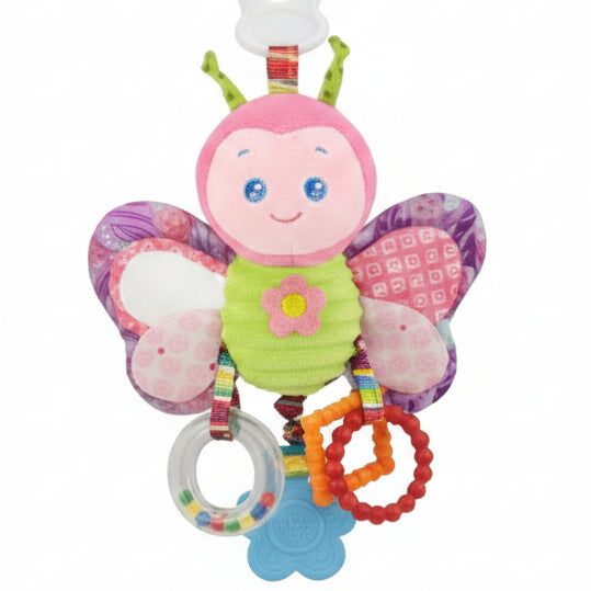 butterfly shaped baby toy with teether and rattle on a white background