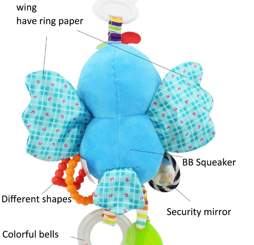 bird shaped baby toy with features pointed out on a white backround
