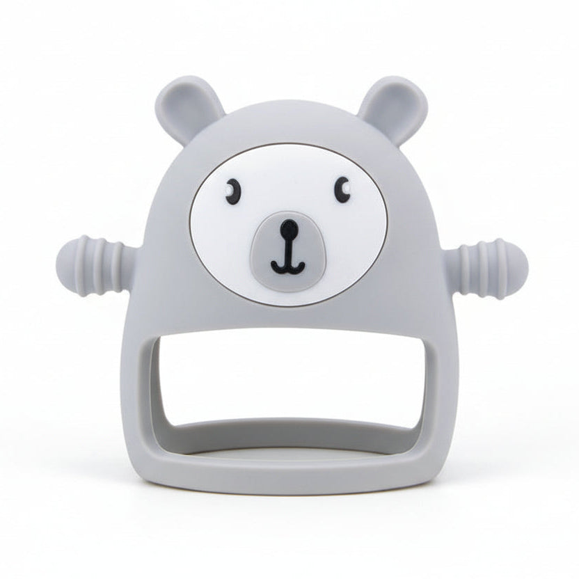 Light grey bear-shaped teether on a white background