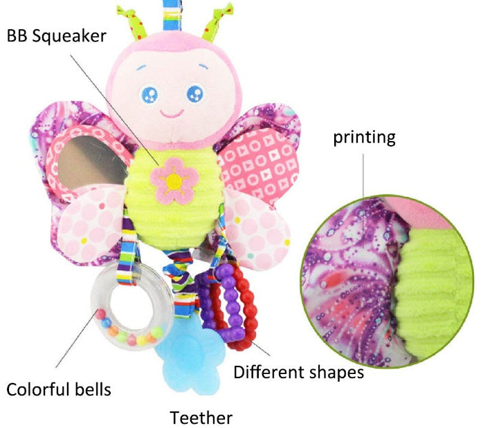 butterfly shaped baby toy with features pointed out on a white backround