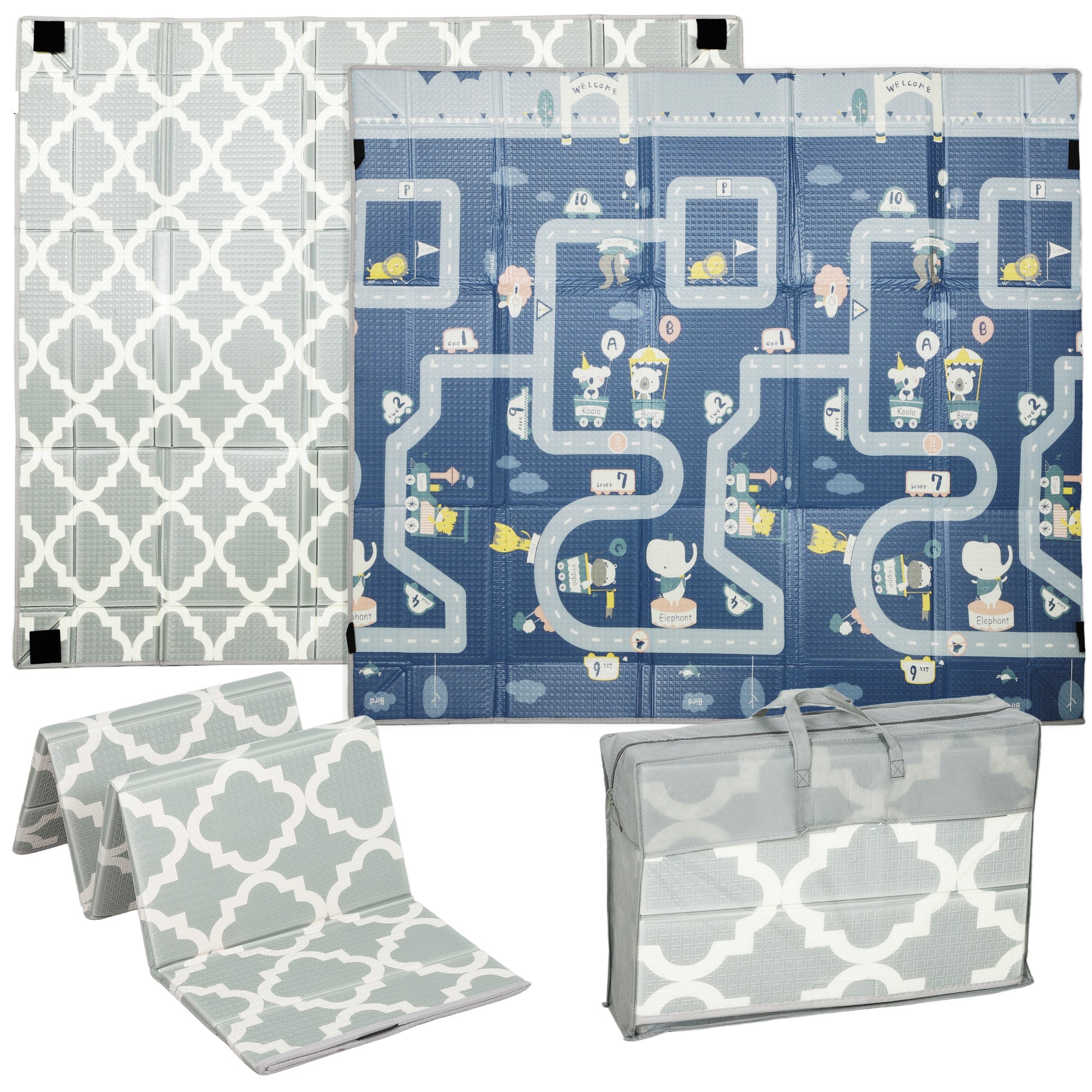 Set of folding play mats with geometric and cartoon designs on a white background