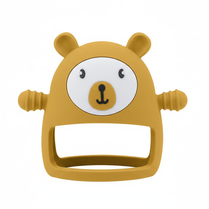 Mustard yellow bear-shaped teether on a white background