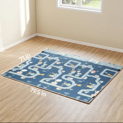 Children's play mat with measurements on a wooden floor