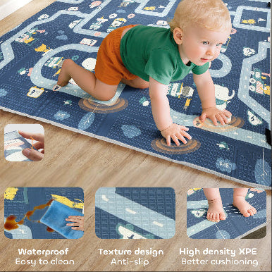Baby crawling on a blue play mat with vehicle designs, surrounded by insets showing features like waterproofness and texture.