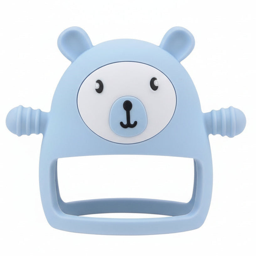 Blue bear-shaped teether on a white background