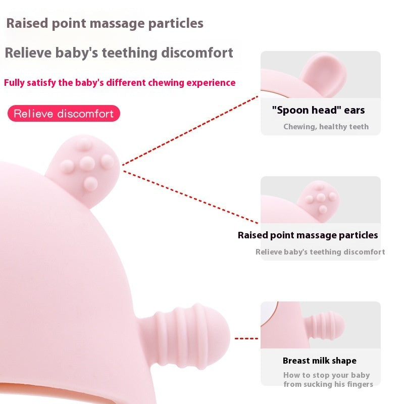 Pink baby teething toy with text explaining its features and benefits