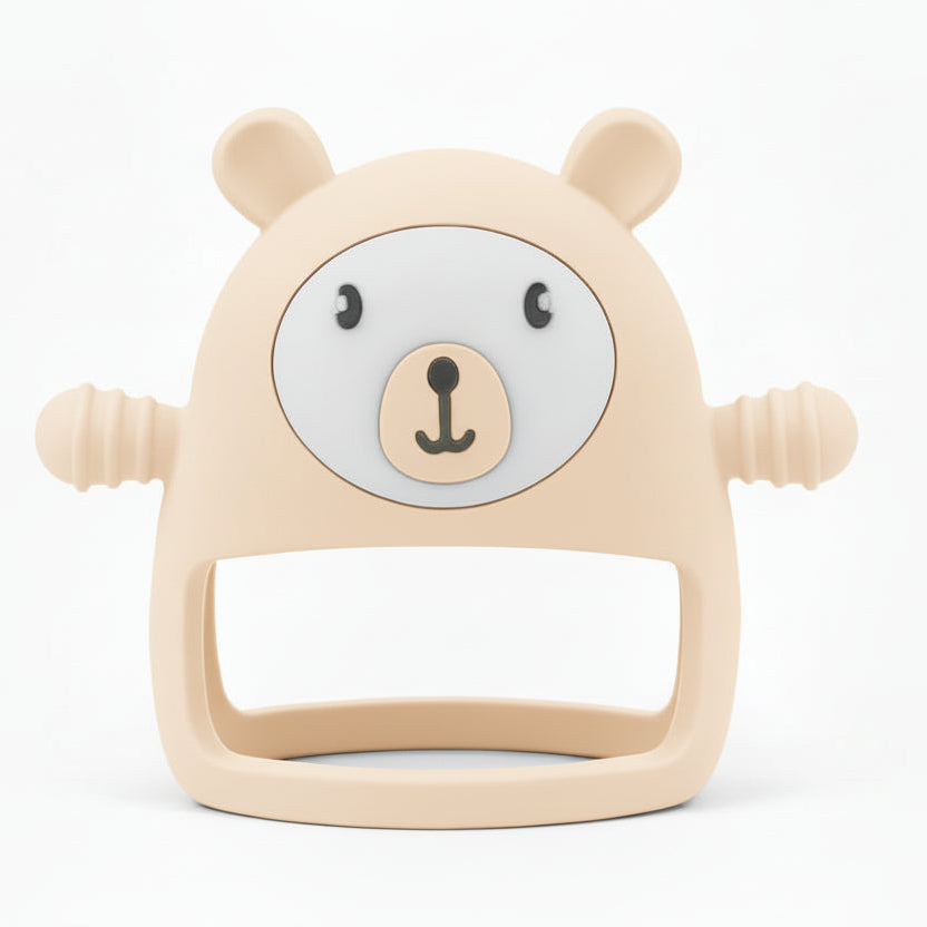 Khaki-colored bear-shaped teether on a white background