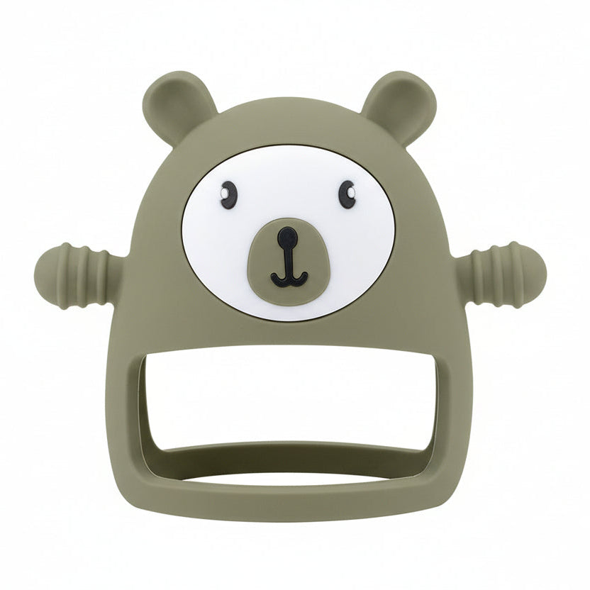 Sage green bear-shaped teether on a white background