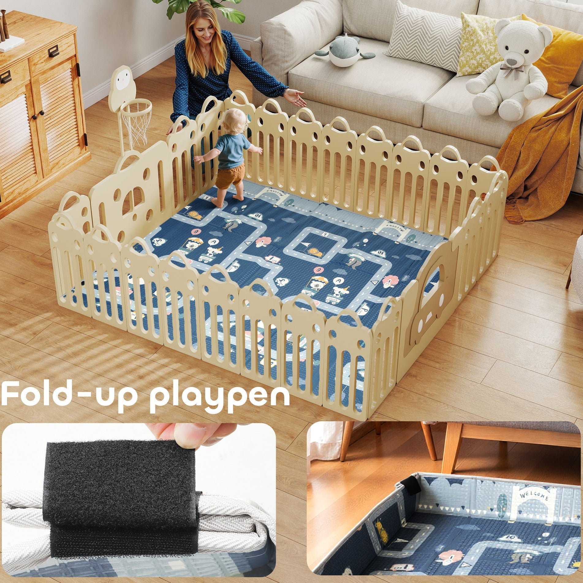 Fold-up playpen in a living room with a child and adult, featuring touch fasteners and 16cm high design.