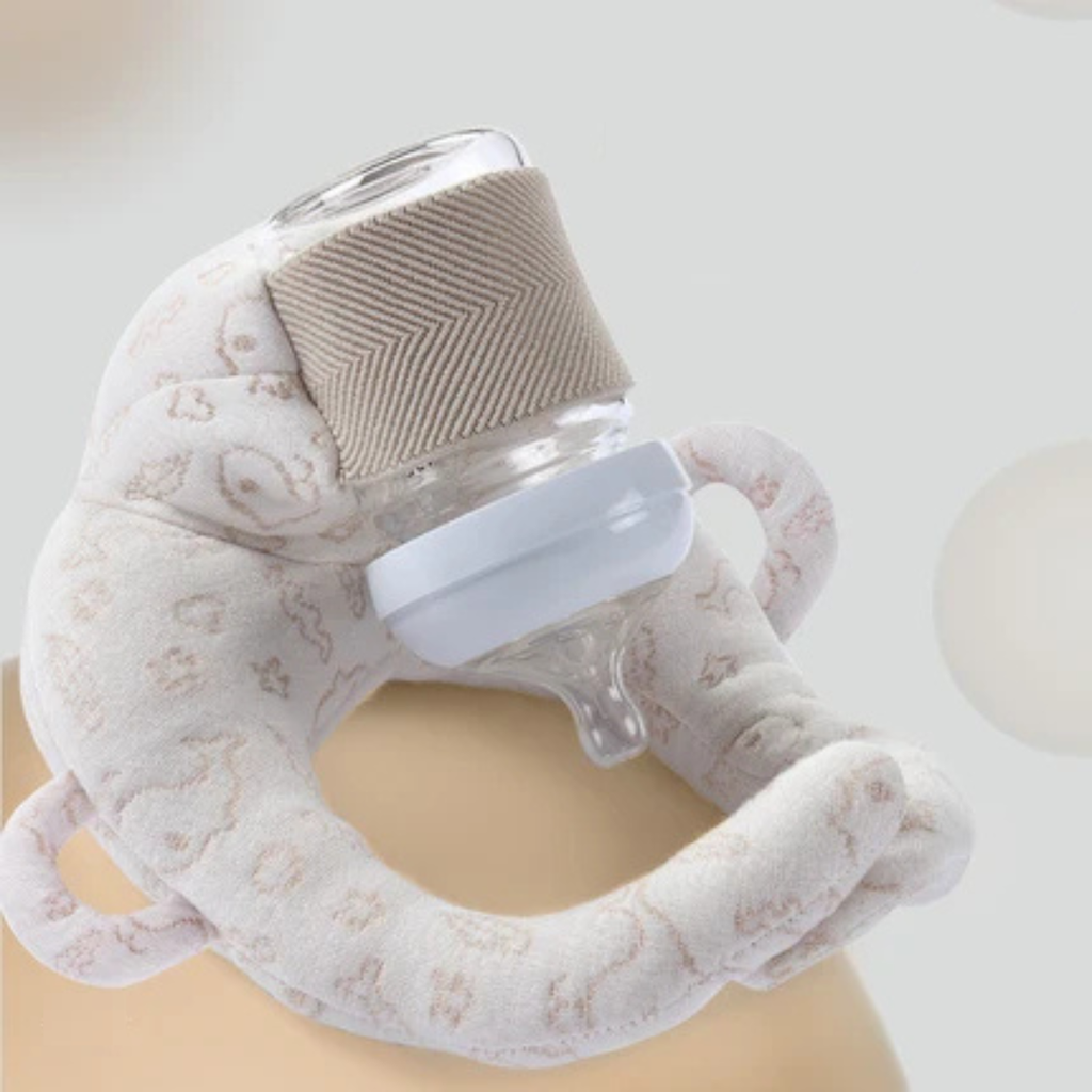 Baby bottle pillow with a textured cover against a light background