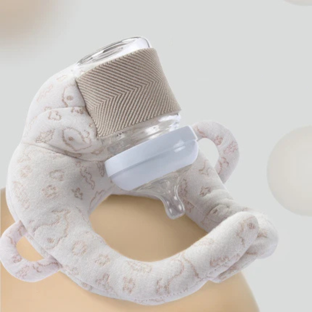Baby bottle pillow with a textured cover against a light background