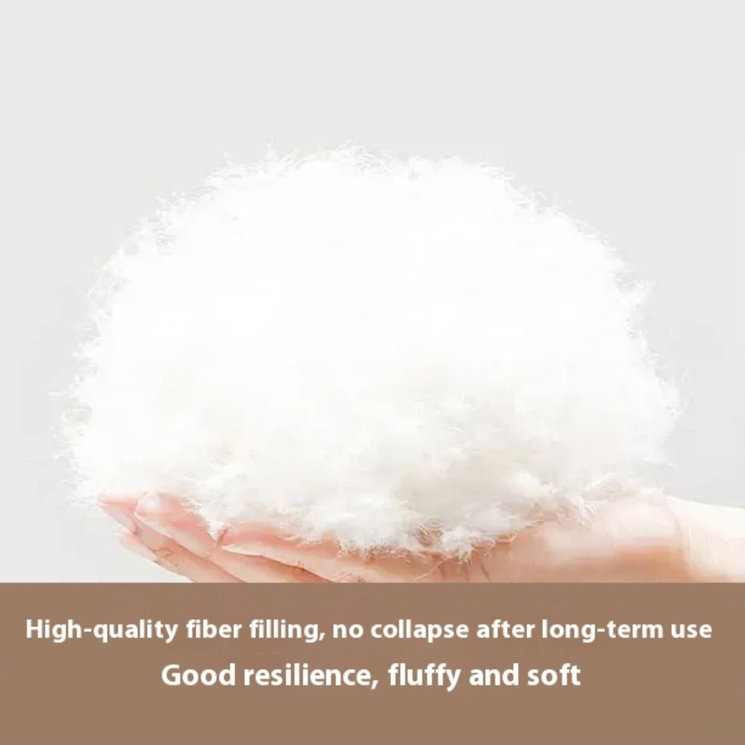 Hand holding fluffy white fiber with text about fiber quality and texture